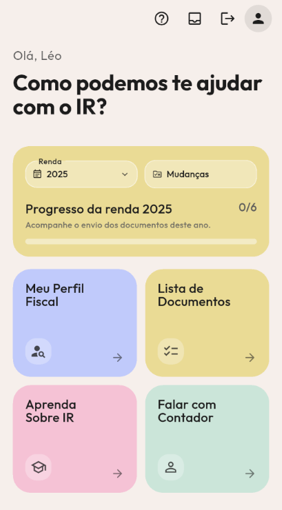 Tela do app mostrando a home para pessoas e empresas